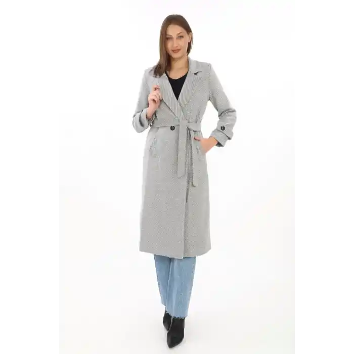 Kadın Astarlı Balık Sırtı Kaşmir Kaşe Kaban - Gri