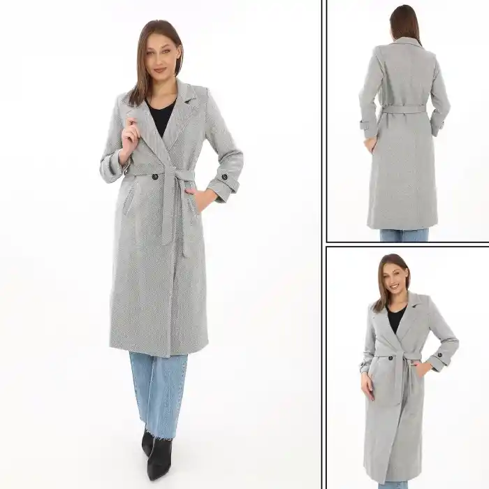 Kadın Balık Sırtı Kaşe Kaban – Uzun Boy Kruvaze Yaka Kuşaklı Astarlı Kışlık Tesettür Kaban, Yünlü Dokuma Kaşmir Kumaş, Cepli Rahat Oversize Kalıp Şık Modern Kaban Mont Modeli (Günlük ve Özel Gün Kombinlerine Uygun) - Gri