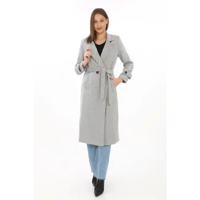 Kadın Balık Sırtı Kaşe Kaban – Uzun Boy Kruvaze Yaka Kuşaklı Astarlı Kışlık Tesettür Kaban, Yünlü Dokuma Kaşmir Kumaş, Cepli Rahat Oversize Kalıp Şık Modern Kaban Mont Modeli (Günlük ve Özel Gün Kombinlerine Uygun) - Gri