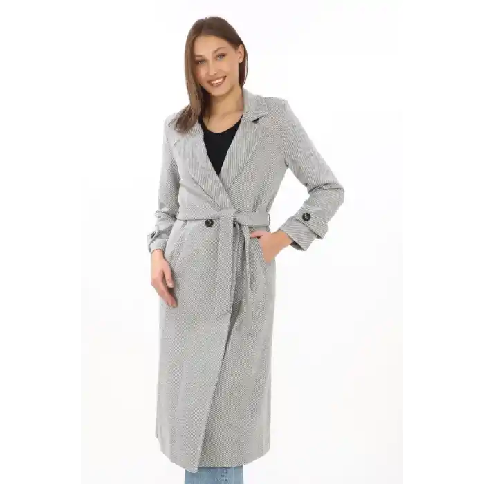 Kadın Balık Sırtı Kaşe Kaban – Uzun Boy Kruvaze Yaka Kuşaklı Astarlı Kışlık Tesettür Kaban, Yünlü Dokuma Kaşmir Kumaş, Cepli Rahat Oversize Kalıp Şık Modern Kaban Mont Modeli (Günlük ve Özel Gün Kombinlerine Uygun) - Gri