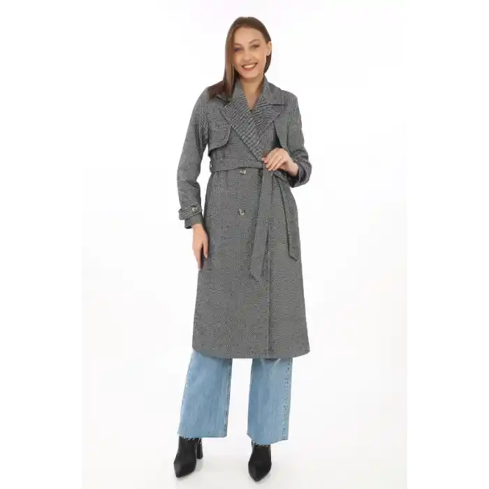 Kadın Balık Sırtı Kaşmir Uzun Kaşe Kaban - Boyalı Gri