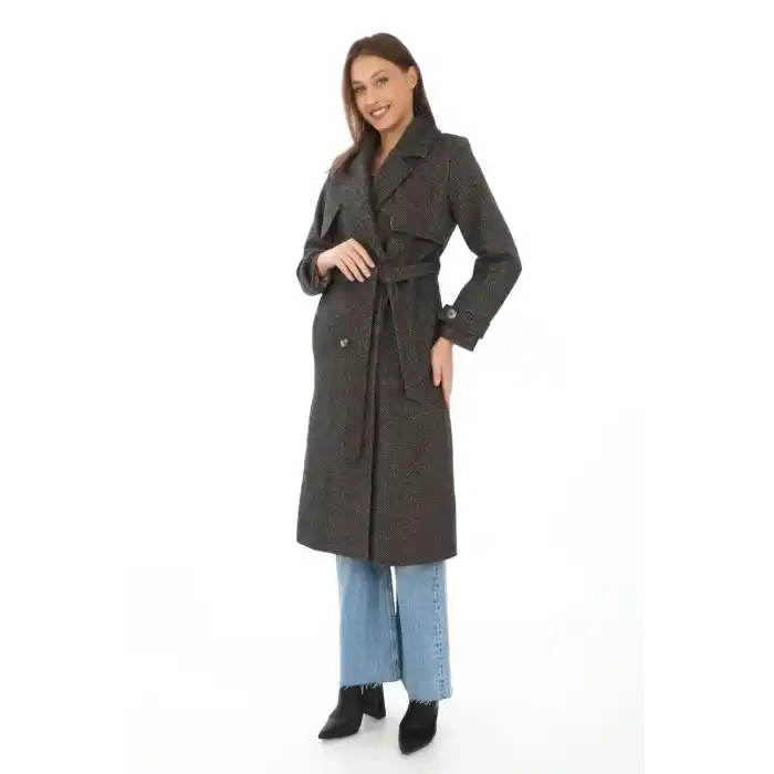 Kadın Balık Sırtı Yünlü Dokuma Kaşe Kaban – Kruvaze Yaka, Kuşaklı, Cepli, Astarlı Uzun Boy Tesettür Şık Kışlık Kaşe Kaban Modeli - Kahverengi