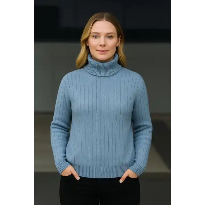 Kadın Balıkcı Yaka Bağazlı Triko Kazak Pamuklu Kalın Fitilli Dokuma - Bebek Mavisi