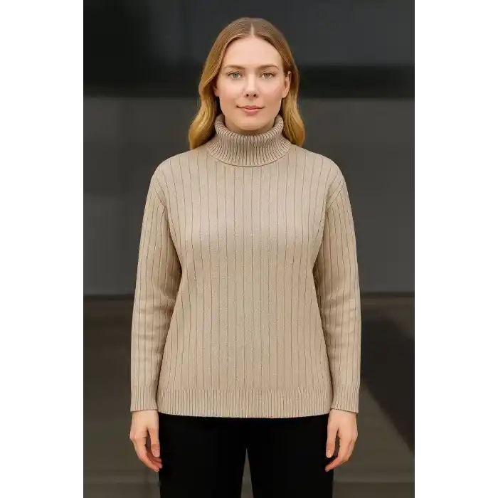 Kadın Balıkcı Yaka Bağazlı Triko Kazak Pamuklu Kalın Fitilli Dokuma - Bej