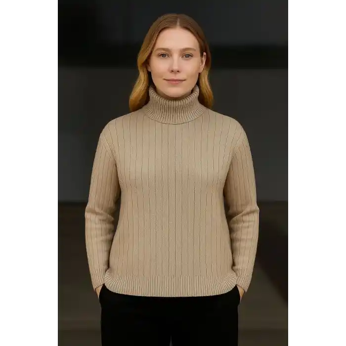 Kadın Balıkcı Yaka Bağazlı Triko Kazak Pamuklu Kalın Fitilli Dokuma - Bej