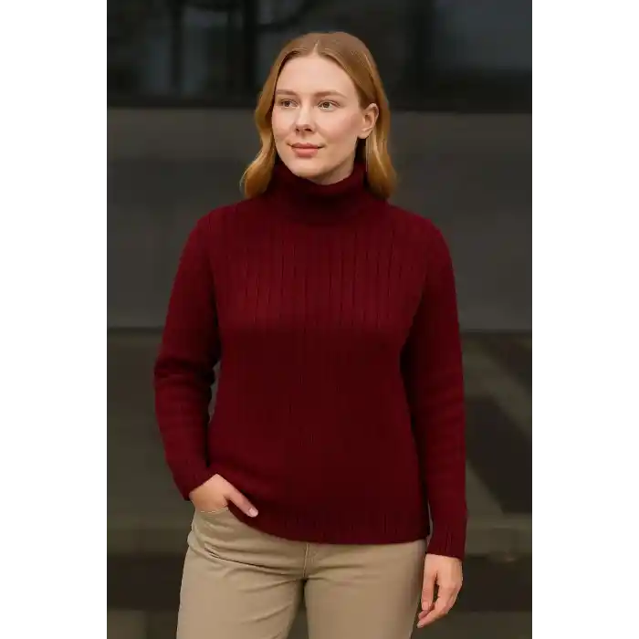 Kadın Balıkcı Yaka Bağazlı Triko Kazak Pamuklu Kalın Fitilli Dokuma - Bordo