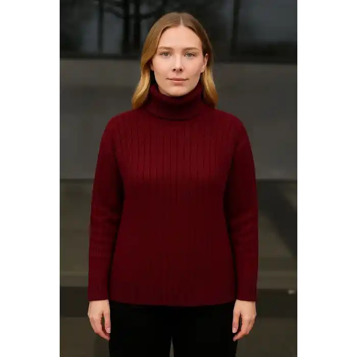 Kadın Balıkcı Yaka Bağazlı Triko Kazak Pamuklu Kalın Fitilli Dokuma - Bordo