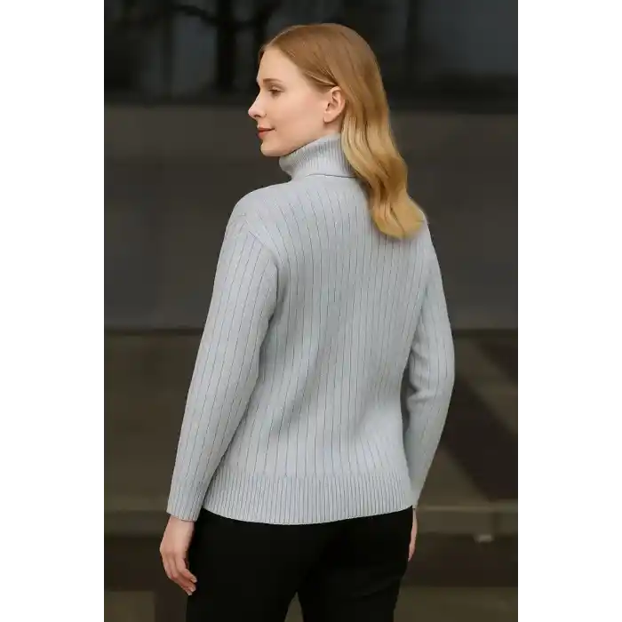 Kadın Balıkcı Yaka Bağazlı Triko Kazak Pamuklu Kalın Fitilli Dokuma - Gri