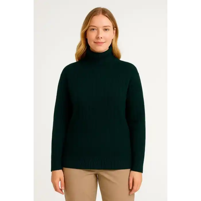 Kadın Balıkcı Yaka Bağazlı Triko Kazak Pamuklu Kalın Fitilli Dokuma - Haki