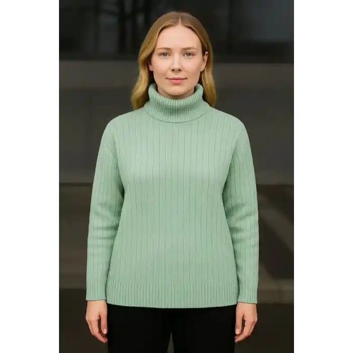 Kadın Balıkcı Yaka Bağazlı Triko Kazak Pamuklu Kalın Fitilli Dokuma - Mint Yeşili