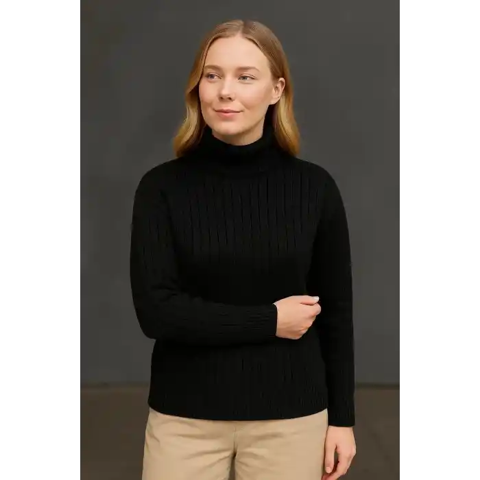 Kadın Balıkcı Yaka Bağazlı Triko Kazak Pamuklu Kalın Fitilli Dokuma - Siyah