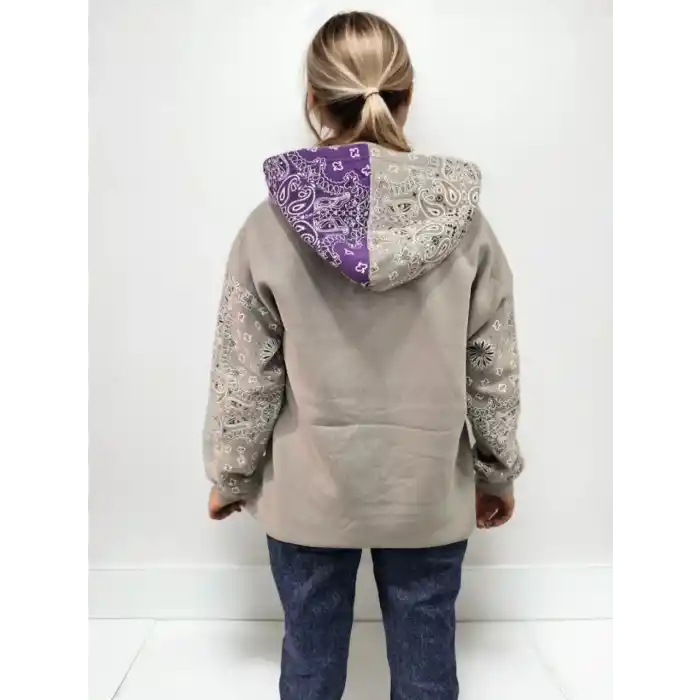 Kadın Baskılı Kapüşonlu Sweatshirt - Gri