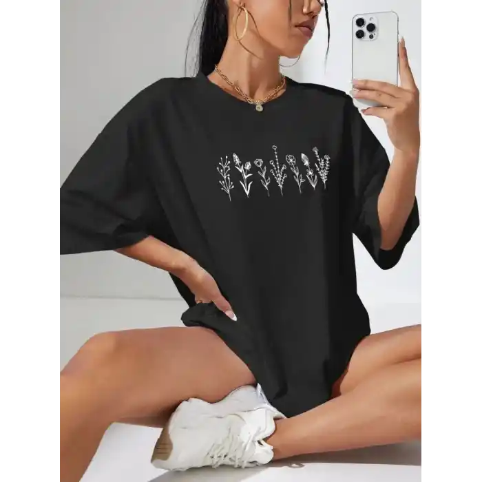 Kadın Baskılı Oversize T-shirt - Siyah