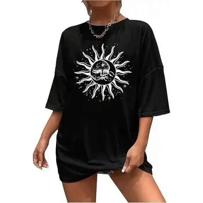 Kadın Bisiklet Yaka Baskılı T-shirt - Siyah