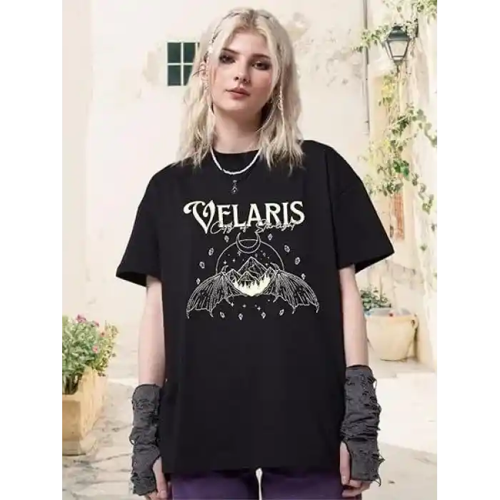 Kadın Bisiklet Yaka Baskılı T-shirt - Siyah