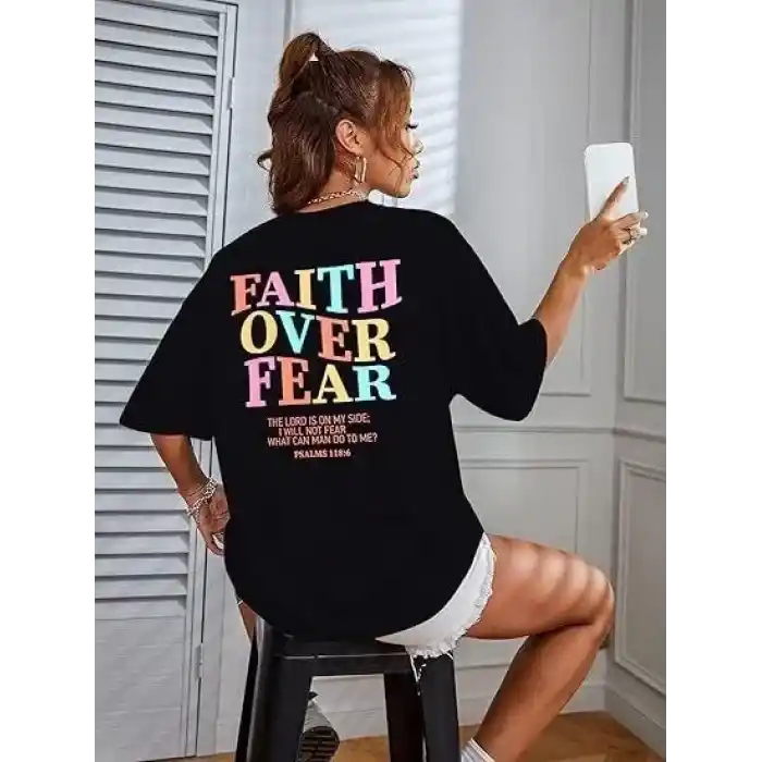 Kadın Bisiklet Yaka Baskılı T-shirt - Siyah