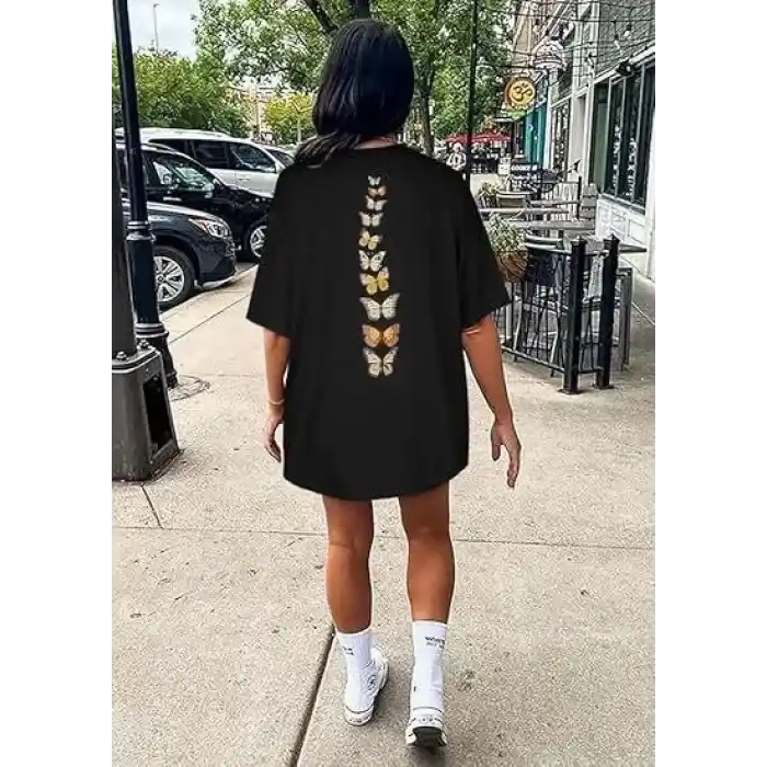 Kadın Bisiklet Yaka Baskılı T-shirt - Siyah