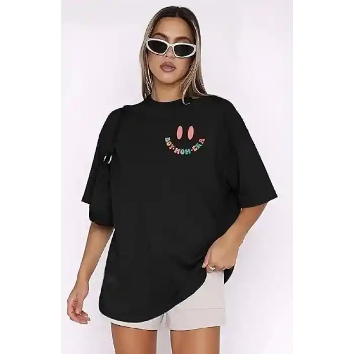 Kadın Bisiklet Yaka Kısa Kol Baskılı T-shirt - Siyah