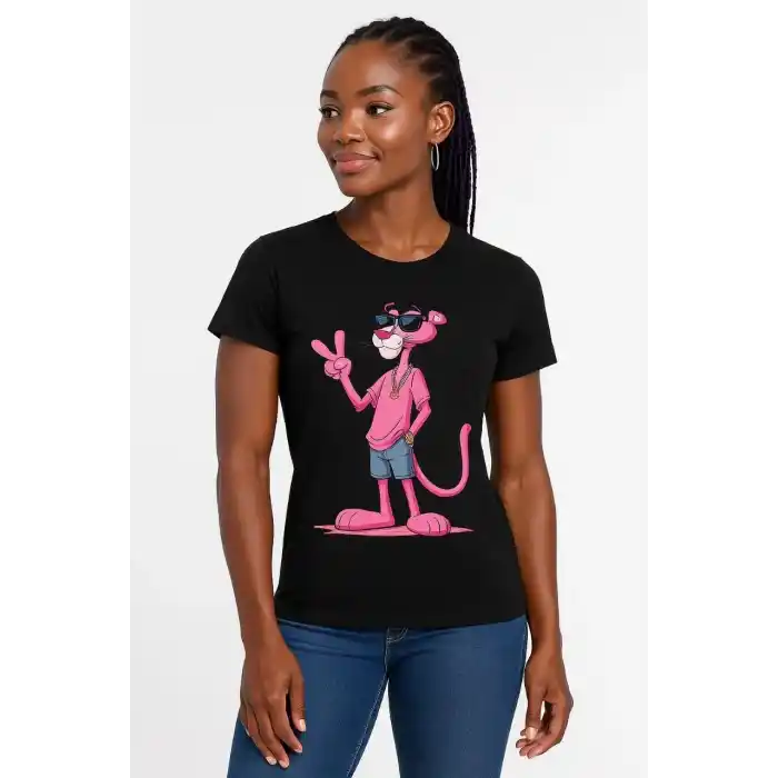 Kadın Bisiklet Yaka Kısa Kollu Baskılı T-shirt - Siyah