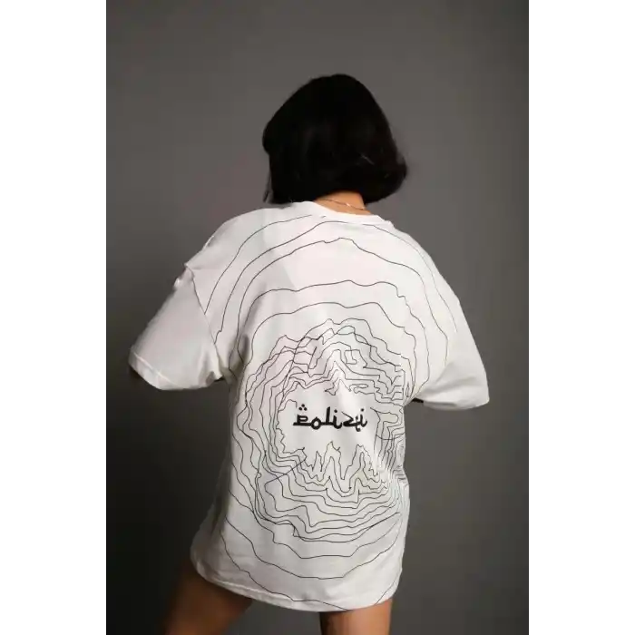 Kadın Bisiklet Yakalı Sırt Baskılı Oversize T-Shirt - Beyaz