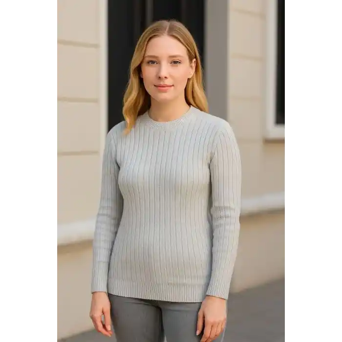 Kadın Bisiklet Yuvarlak Yaka Triko Kazak Pamuklu Kalın Fitilli Dokuma, Regular Fit Uzun Kollu Kışlık Model - Gri