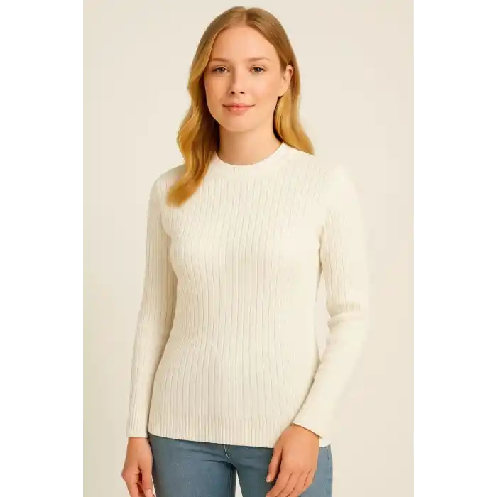 Kadın Bisiklet Yuvarlak Yaka Triko Kazak Pamuklu Kalın Fitilli Dokuma, Regular Fit Uzun Kollu Kışlık Model - Beyaz