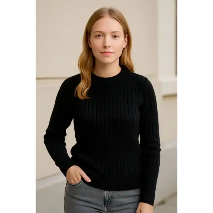 Kadın Bisiklet Yuvarlak Yaka Triko Kazak Pamuklu Kalın Fitilli Dokuma, Regular Fit Uzun Kollu Kışlık Model - Siyah