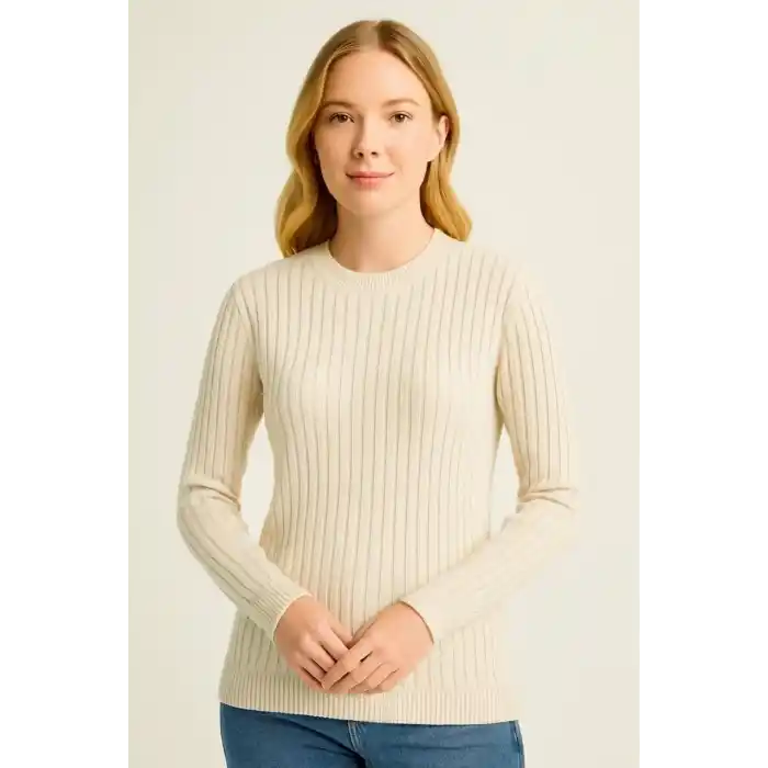 Kadın Bisiklet Yuvarlak Yaka Triko Kazak Pamuklu Kalın Fitilli Dokuma, Regular Fit Uzun Kollu Kışlık Model - Bej