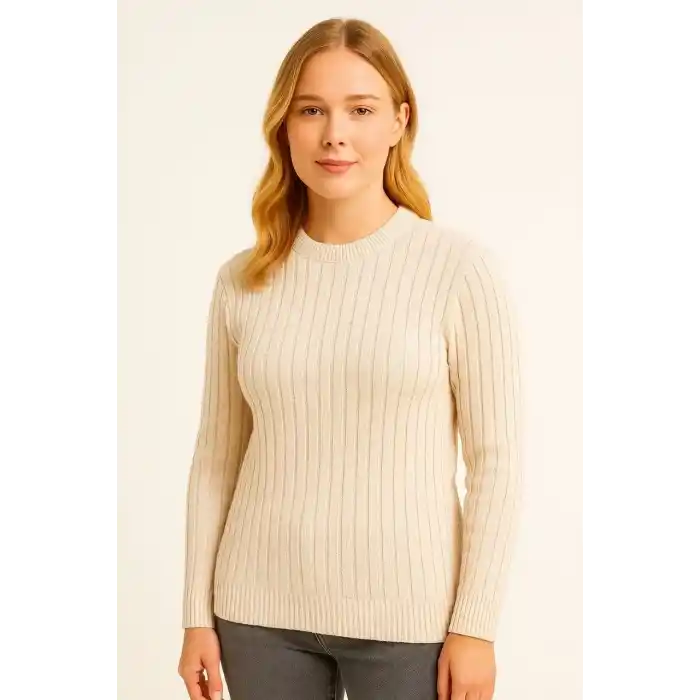 Kadın Bisiklet Yuvarlak Yaka Triko Kazak Pamuklu Kalın Fitilli Dokuma, Regular Fit Uzun Kollu Kışlık Model - Bej