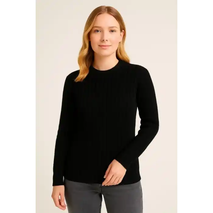 Kadın Bisiklet Yuvarlak Yaka Triko Kazak Pamuklu Kalın Fitilli Dokuma, Regular Fit Uzun Kollu Kışlık Model - Siyah