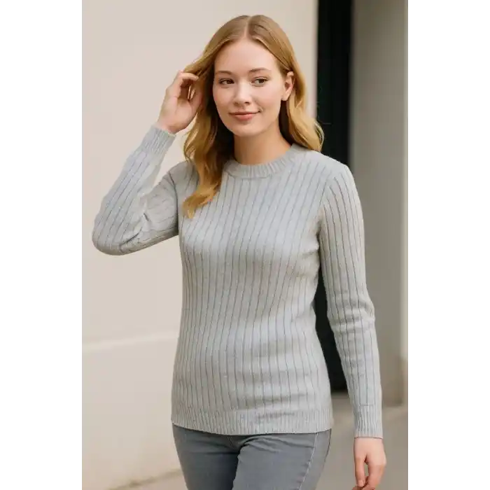 Kadın Bisiklet Yuvarlak Yaka Triko Kazak Pamuklu Kalın Fitilli Dokuma, Regular Fit Uzun Kollu Kışlık Model - Gri