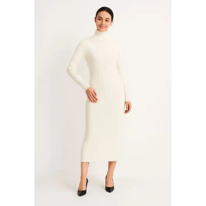 Kadın Boğazlı Triko Elbise – Uzun Fitilli Esnek Dokuma, Tam Kalıp, Kışlık & Baharlık Şık Rahat Stil, 130 cm Midi Boy Elbise - Beyaz