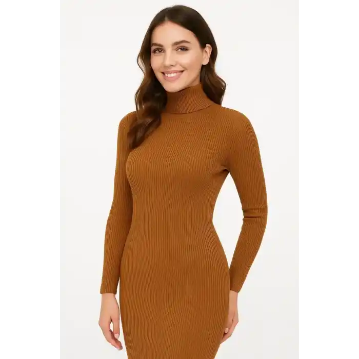 Kadın Boğazlı Triko Elbise – Uzun Fitilli Esnek Dokuma, Tam Kalıp, Kışlık & Baharlık Şık Rahat Stil, 130 cm Midi Boy Elbise - Kahverengi