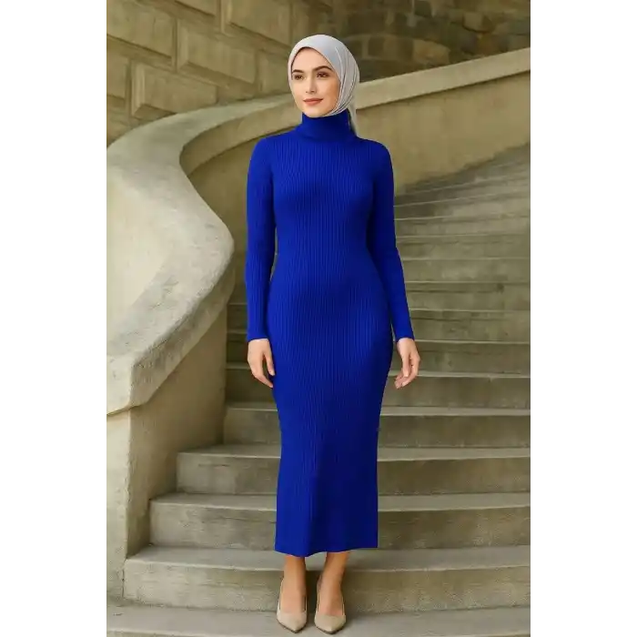 Kadın Boğazlı Uzun Fitilli Tesettüre Uygun Triko Dokuma Elbise - Saks Mavisi
