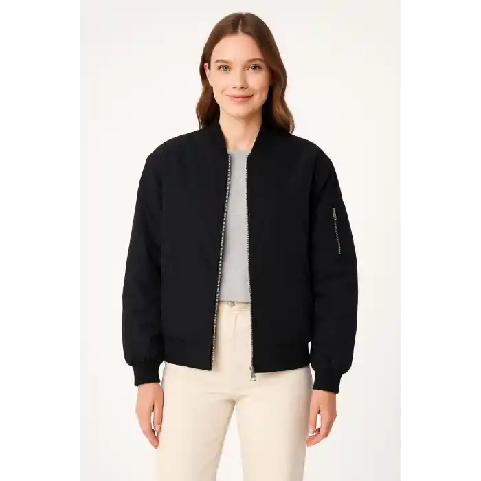 Kadın Bomber Mont Ceket – Fermuarlı, Kapitone İçi Astarlı, Su İtici Kumaş, Regular Fit, Yandan Cepli, Günlük Bahar & Kış Şık Rahat Stil - Siyah