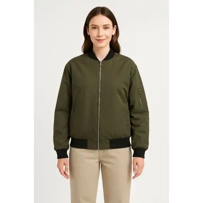 Kadın Bomber Mont Ceket – Fermuarlı, Kapitone İçi Astarlı, Su İtici Kumaş, Regular Fit, Yandan Cepli, Günlük Bahar & Kış Şık Rahat Stil - Haki