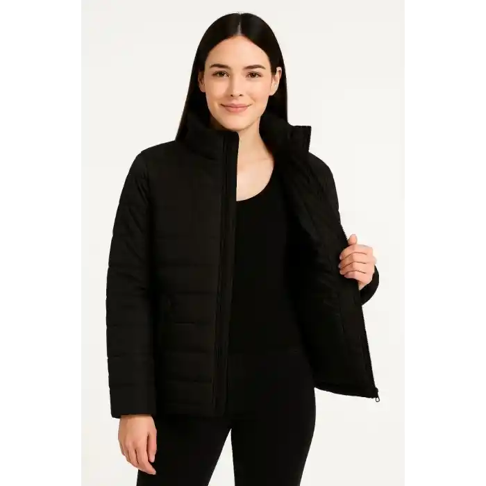 Kadın Bomber Mont Ceket – Su İtici Kumaş, Kapitone Astarlı, Fermuarlı, Kışlık - Siyah