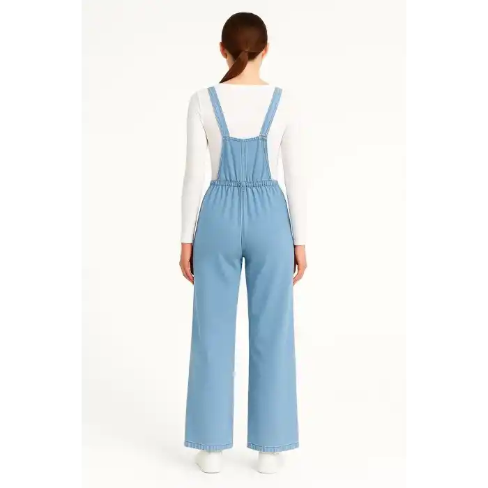 Kadın Chambray Açık Mavi Denim Görünümlü Geniş Paça Salopet Tulum - Mavi