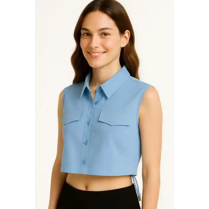 Kadın Crop Poplin Gömlek Yalancı Cepli, Ayarlanabilir Yan Kordonlu, - Bebe Mavisi