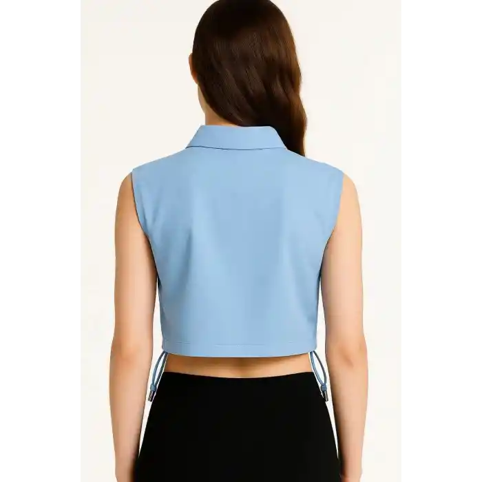 Kadın Crop Poplin Gömlek Yalancı Cepli, Ayarlanabilir Yan Kordonlu, - Bebe Mavisi
