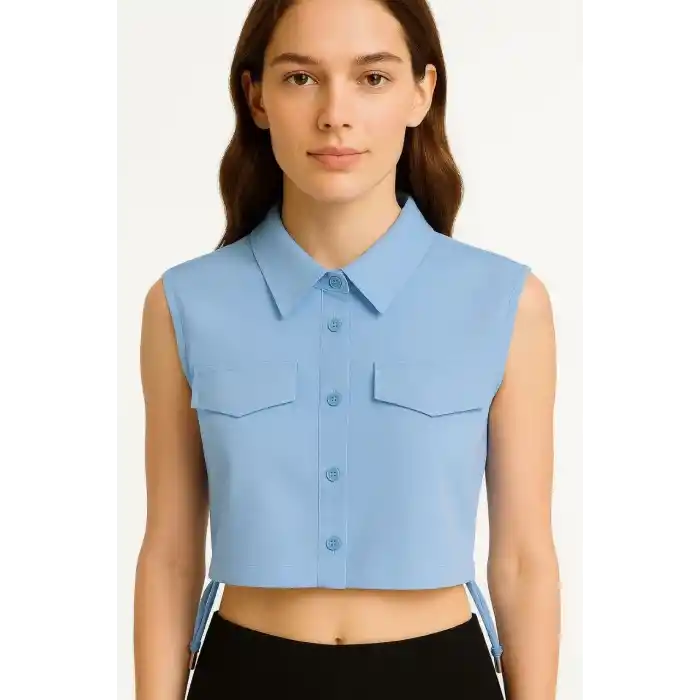 Kadın Crop Poplin Gömlek Yalancı Cepli, Ayarlanabilir Yan Kordonlu, - Bebe Mavisi