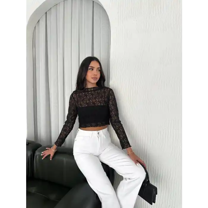 Kadın Dantel Uzun Kol Bluz- Siyah