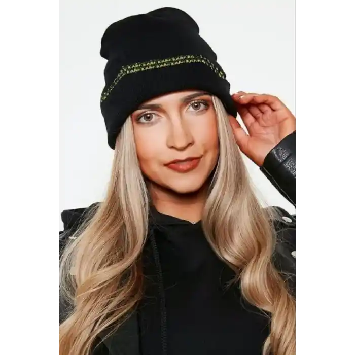 Kadın Dokuma Simli Triko Bere - Siyah