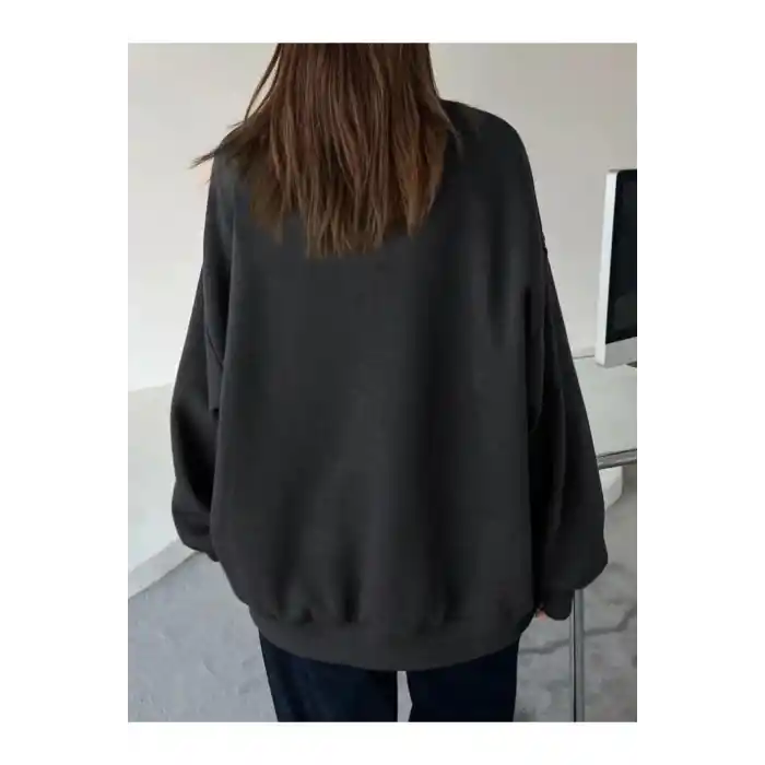 Kadın Düz Bisiklet Yaka Sweat - Siyah