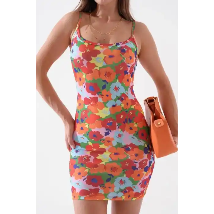 Kadın ince askılı desenli elbise s8105