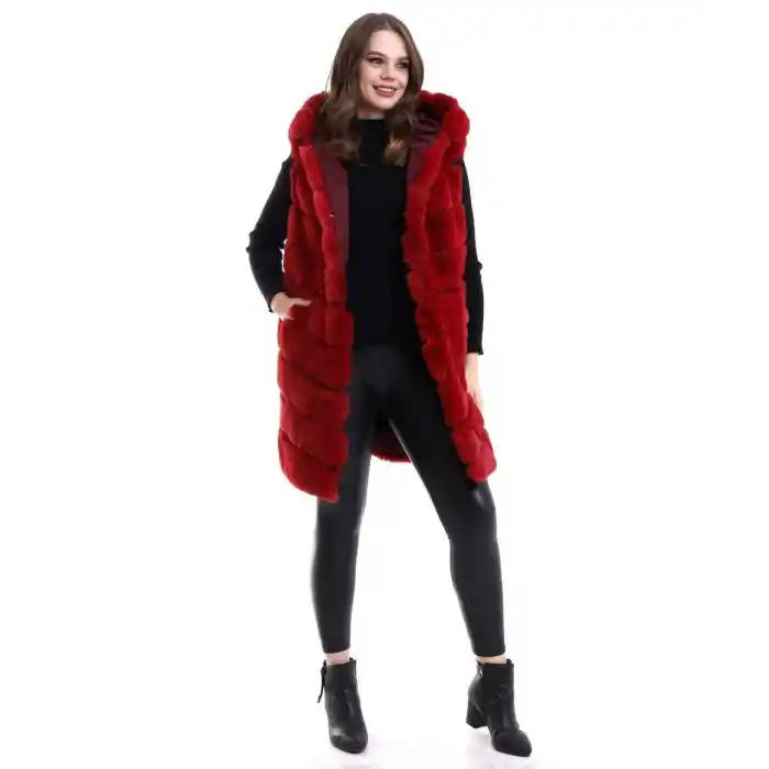 Kadın Kapşonlu Peluş Kürk Yelek Premium Kalite, Tam Astarlı, Uzun Model - Kırmızı