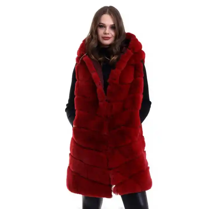 Kadın Kapşonlu Peluş Kürk Yelek Premium Kalite, Tam Astarlı, Uzun Model - Kırmızı