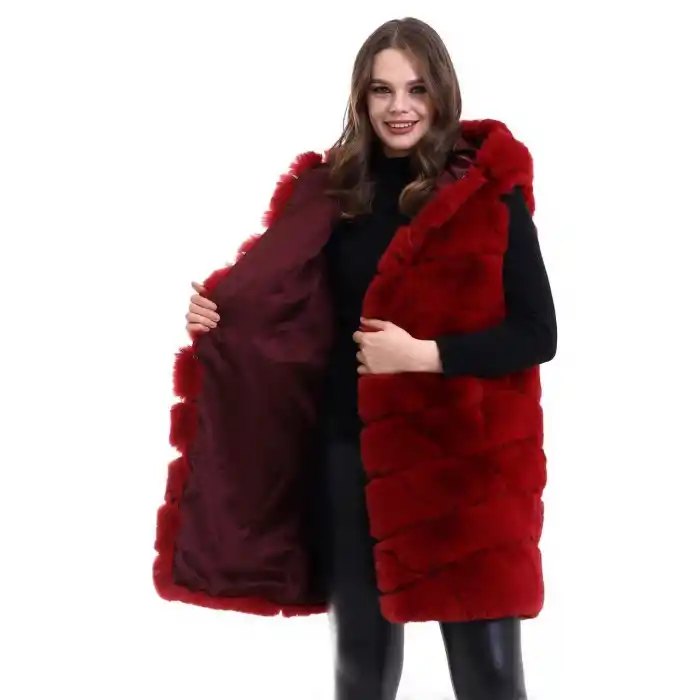 Kadın Kapşonlu Peluş Kürk Yelek Premium Kalite, Tam Astarlı, Uzun Model - Kırmızı
