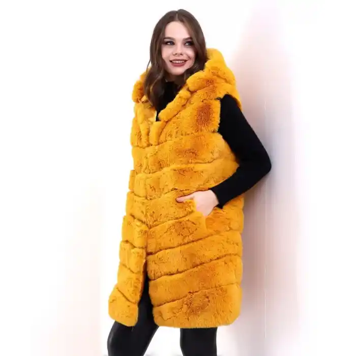 Kadın Kapşonlu Peluş Kürk Yelek Premium Kalite, Tam Astarlı, Uzun Model - Sarı