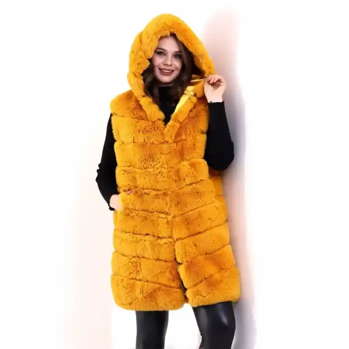 Kadın Kapşonlu Peluş Kürk Yelek Premium Kalite, Tam Astarlı, Uzun Model - Sarı